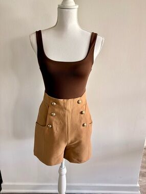 Zara Tan High-Waist Sailor Shorts with buttons (Top and purse not included)